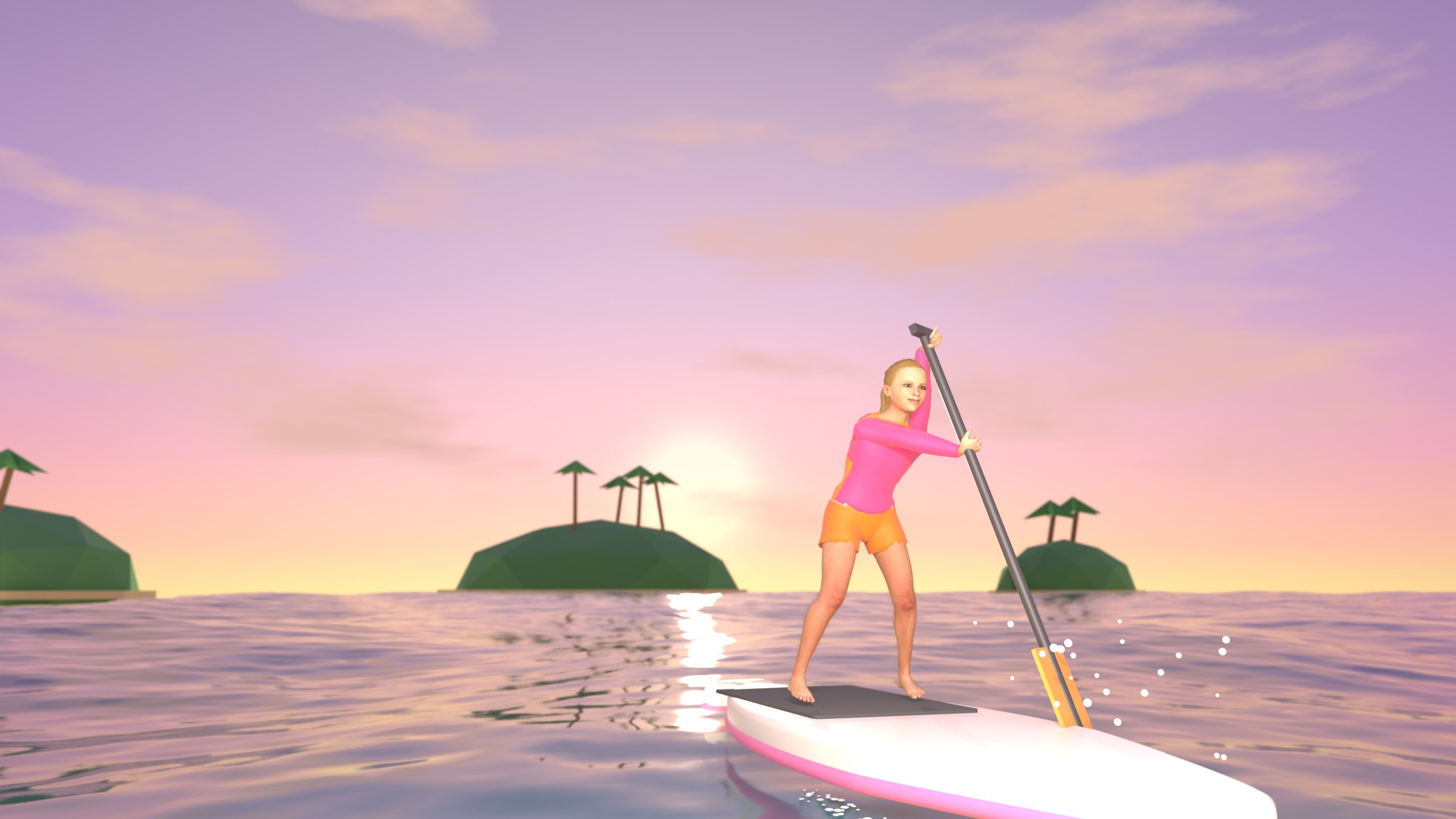 SUP Cruise key art: a girl paddling on a stand-up paddle board at sunset